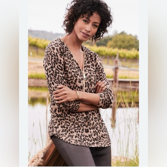 Soft Surroundings Valentina Leopard Print Zip Sweater Large - Picture 1 of 8
